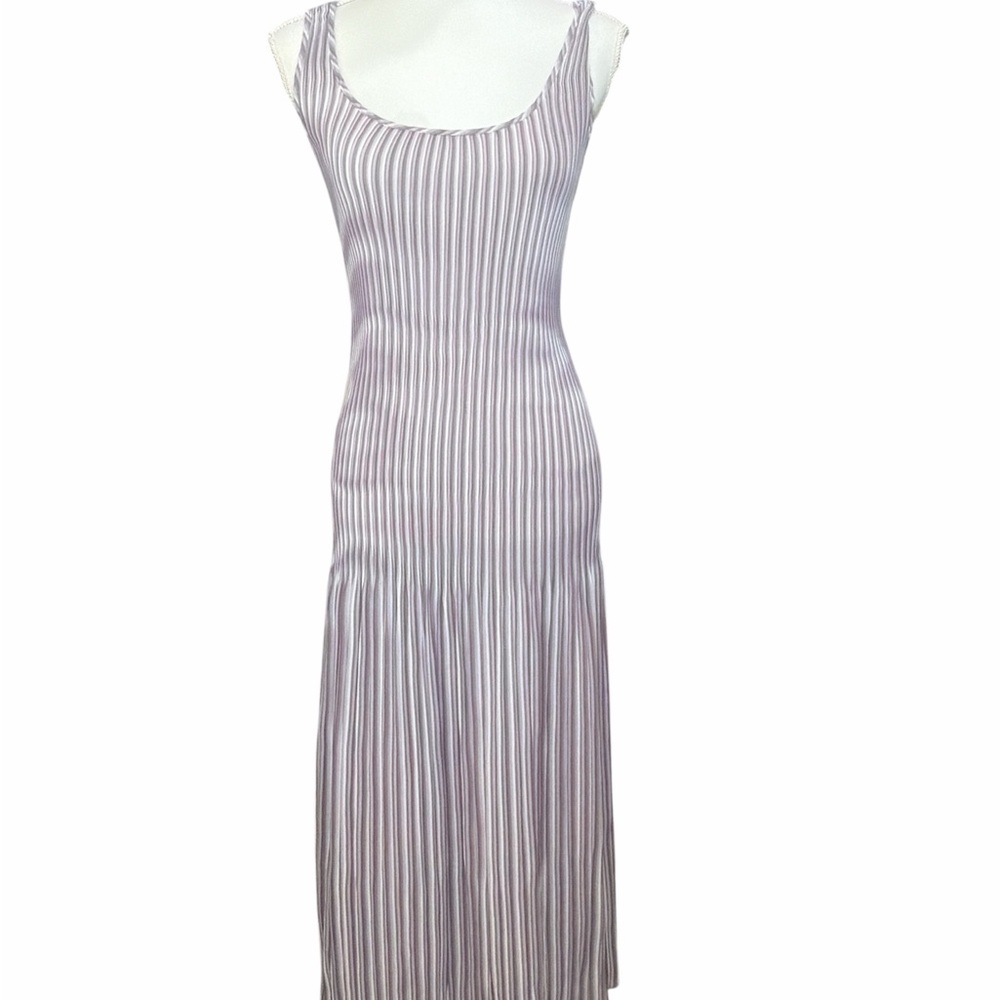 Vivienne Tam purple, gray & White pleated optical illusion Maxi Dress